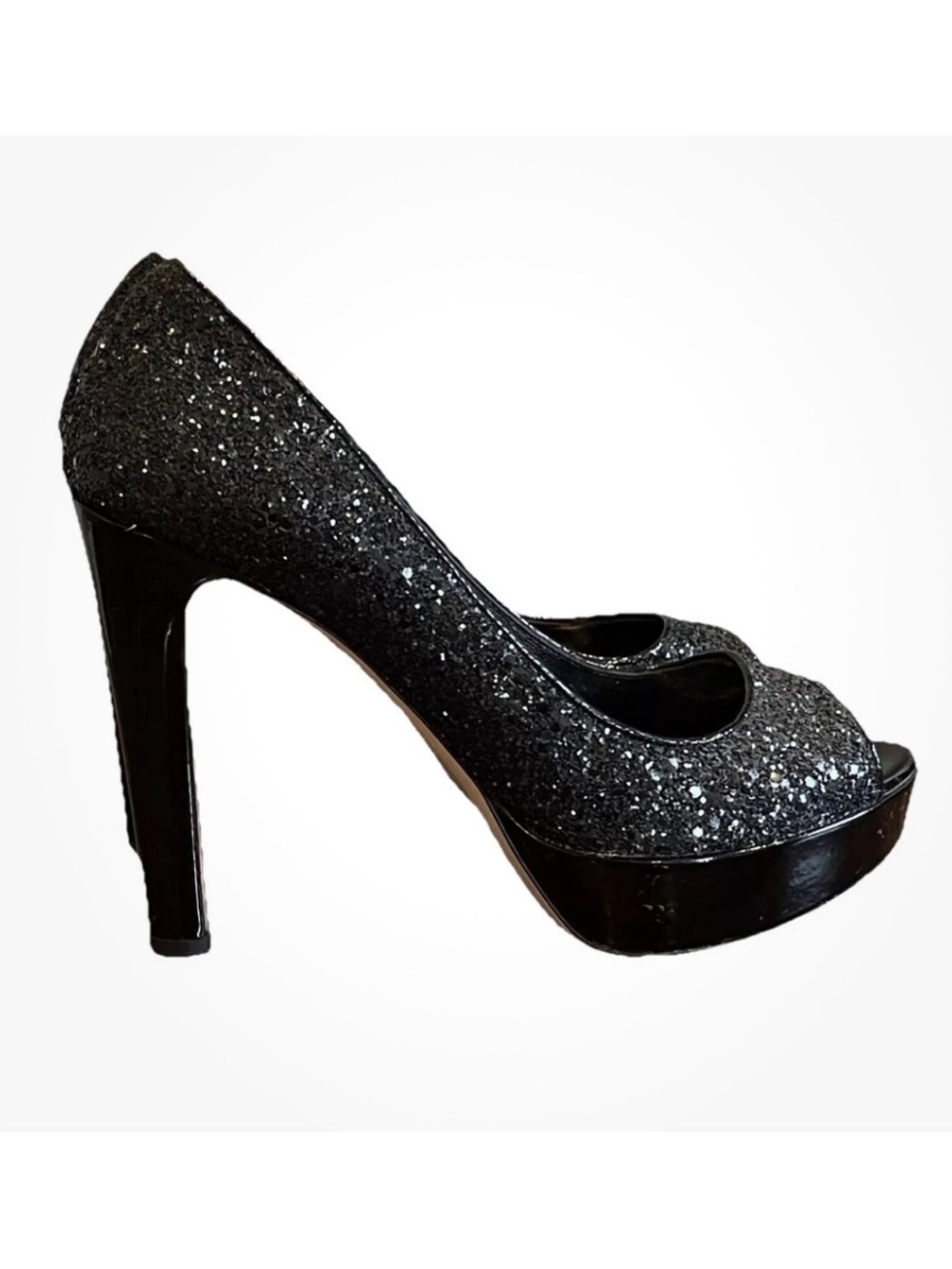 Miu Miu Black Glitter and Patent Leather Peep-Toe Platform Pumps, Size 38